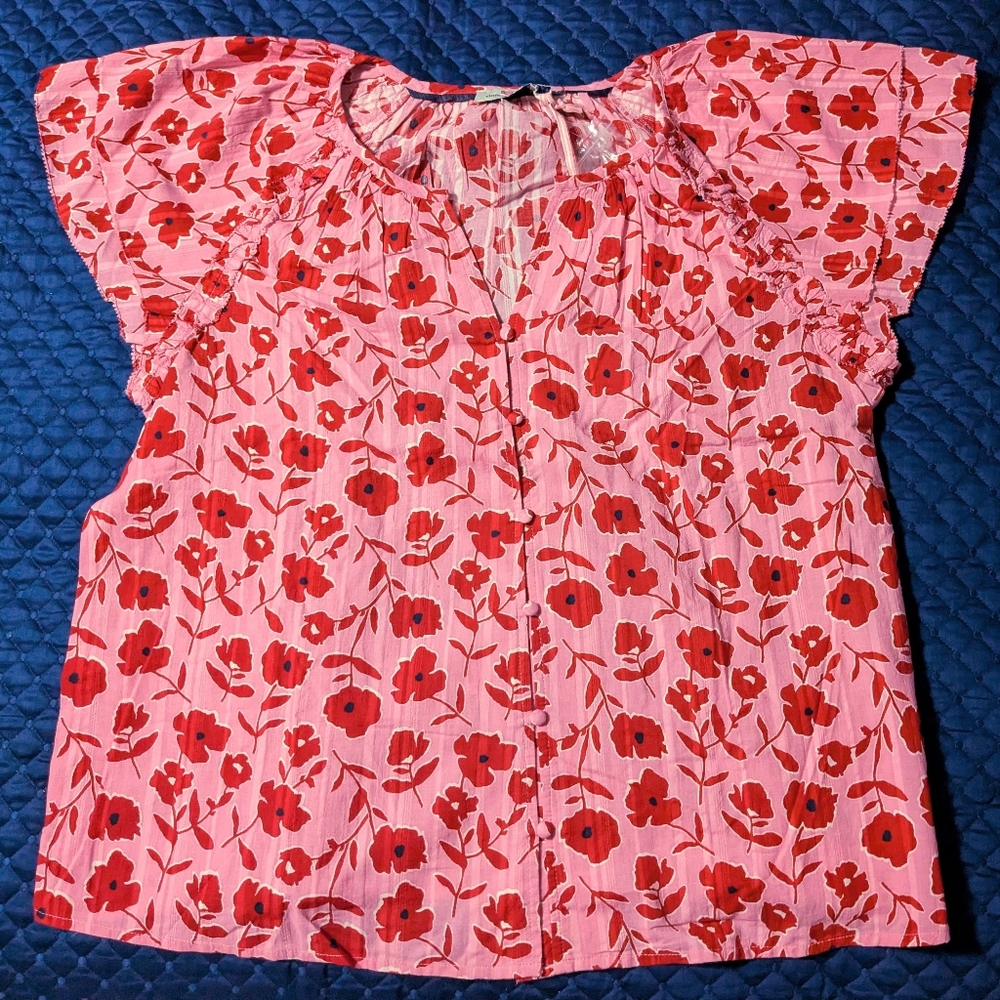 Vineyard Vines Rock Rose Pink Blouse with Red Floral Print